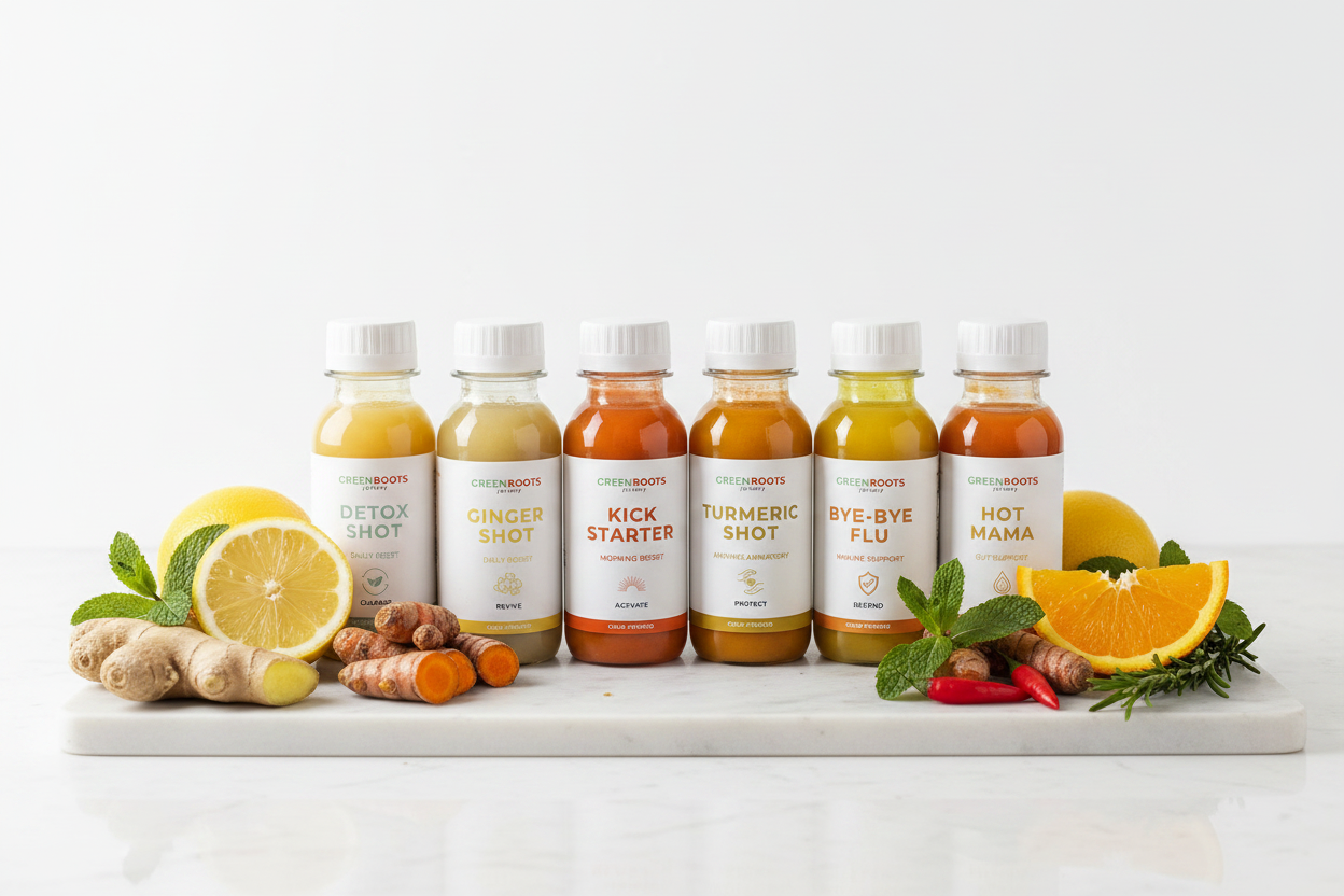 Green Roots Juicery – Wellness Shots White Tabletop