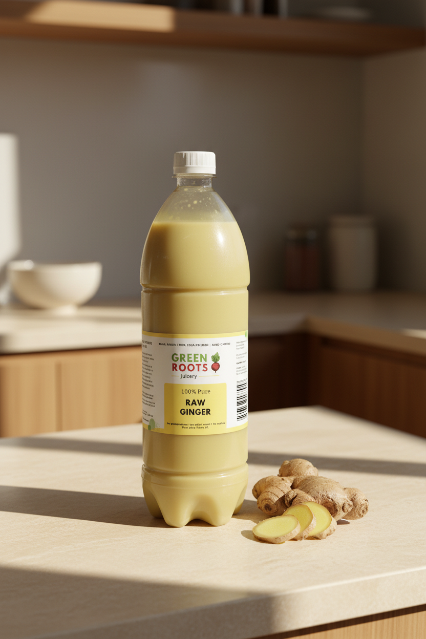 Pure Raw Ginger Juice 1L bottle with fresh ginger root on a warm kitchen counter